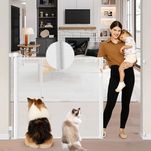 Vista 10 de Puerta Reforzada para Mascotas Extra Alta de 42" y Puerta Retráctil para Bebés de 55" de Ancho con Varillas de Soporte - Puerta Retráctil para Negro