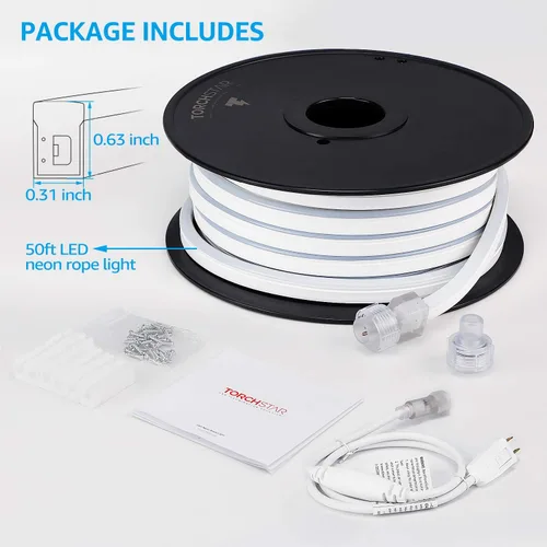 Vista 7 de TORCHSTAR Cuerda de luces LED de neón de alta calidad de 50 pies, decoración flexible de festivales, impermeable IP67 para exteriores, enchufe UL