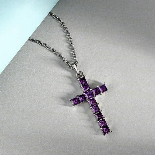 Vista 2 de Shop LC - Collar con colgante de cruz de amatista púrpura para mujeres y hombres, joyería religiosa, cadena de acero inoxidable, tamaño 20 pulgadas
