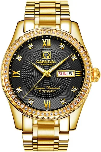 Vista 9 de Carnival Reloj negro para hombre con esfera automática, de acero inoxidable, cristal de zafiro, impermeable, para hombre Dorado (Full Gold)