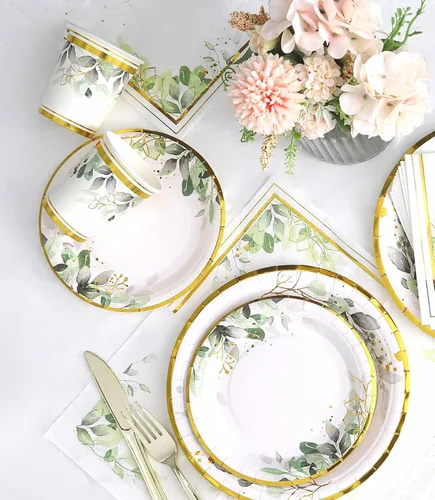 Vista 6 de Platos y servilletas de vegetación para fiesta - Sirve para 16 - Platos verdes, tazas de fiesta, cuchillos, tenedores, tema de vegetación para baby