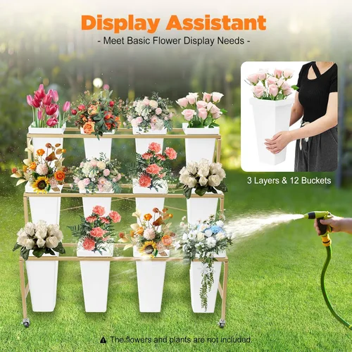 Vista 7 de Soporte de exhibición de flores de 3 niveles con 12 cubos, soporte de metal para plantas con ruedas, estante de exhibición de flores móviles de alta