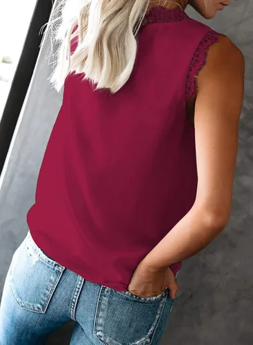 Vista 251 de VIISHOW - Camiseta sin mangas, sexy, con cuello en V y bordes de encaje para mujer, camisola de vestir, camisas de gasa, sin mangas, casuales