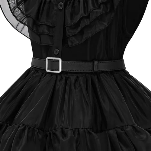 Vista 4 de GZ-LAOPAITOU Disfraz negro para niñas, disfraz de Halloween, cosplay, fiesta familiar, disfraz con peluca, medias y cinturón, 4-12 años
