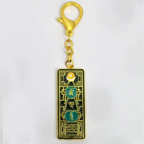 Vista 2 de Fengshuibringluck Llavero de pagoda esmeralda con regalo de amuleto Om Ah Hum - Adorno religioso colgante - Madera - Año Nuevo, Verde, Moderno