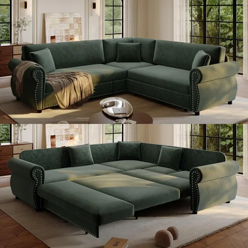 Vista 16 de Sofá cama seccional en forma de L de 6 asientos, sofá extraíble de chenilla gris Gris oscuro