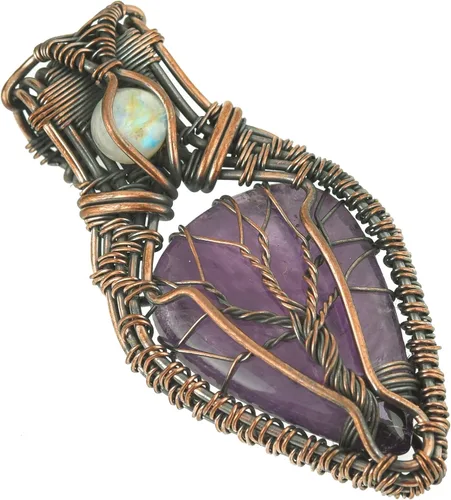Vista 19 de Impresionante collar con colgante de árbol de la vida de cobre con piedras preciosas hechas a mano y cadena de 20 pulgadas, perfecto