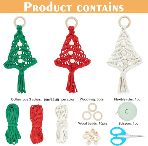 Vista 2 de FREEBLOSS Kit de Macramé DIY de Árbol de Navidad de 3 Piezas para Principiantes, Adornos Colgantes de Árbol de Navidad para Decoración de Pared