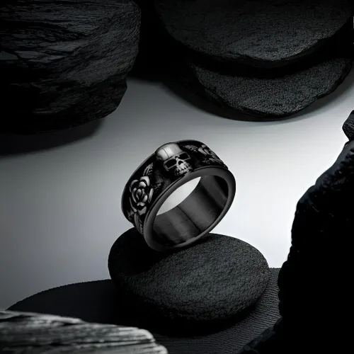 Vista 2 de Anillos de calavera gótica vintage para hombres y mujeres, acero inoxidable, ónix negro, anillo de póquer, anillo de esqueleto plateado