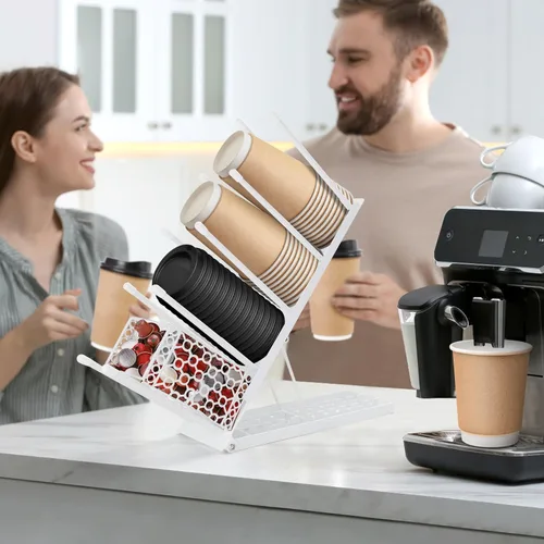 Vista 7 de ShineMe Soporte para taza de café para encimera, dispensador de tazas de metal ajustable y tapa con organizador de pajita, organizador de 4