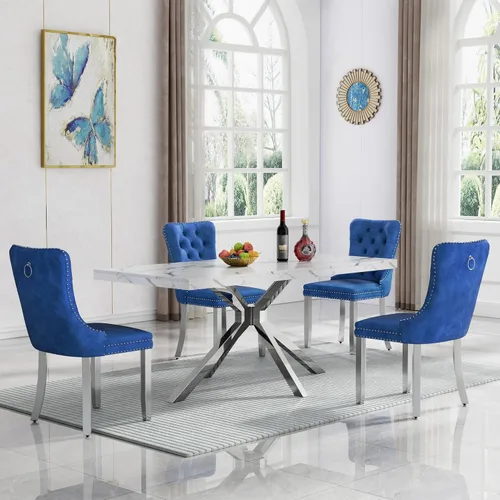 Vista 18 de HomVent Juego de mesa de comedor rectangular para 4, juego de mesa de cocina rectangular, juego de mesa de comedor de mármol sintético, juego