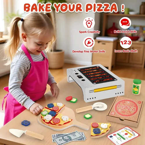 Vista 2 de WOODMAM Montessori - Juego de juguetes de pizza, comida realista con caja de horno, juguetes educativos de aprendizaje para niños en edad preescolar