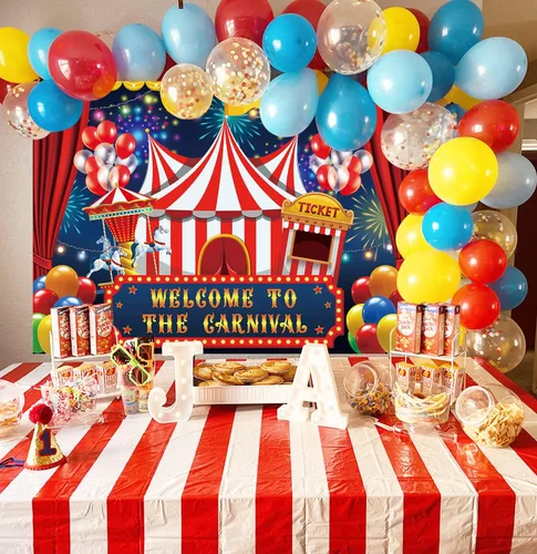 Vista 3 de Telón de fondo de circo de carnaval de 7 x 5 pies, carpa de circo, telón de fondo para fiesta, carrusel, taquilla, fondo para niños, niños, bebés