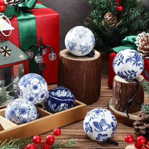 Vista 7 de Cindeer 6 bolas de porcelana china azul y blanca de 2.4 pulgadas, adorno de porcelana a granel de cerámica para Año Nuevo, decoración para fiesta