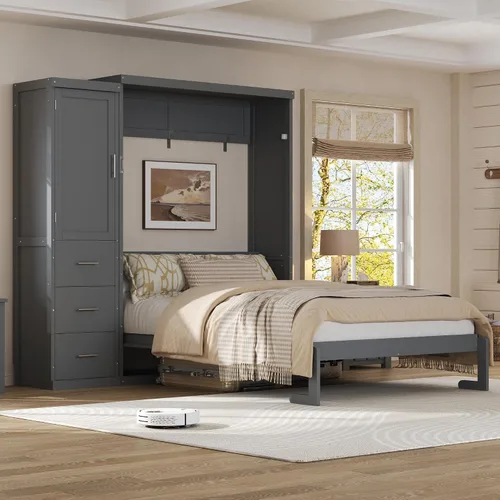 Vista 11 de Cama Murphy de tamaño matrimonial con armario de almacenamiento, ropa y 3 Blanco