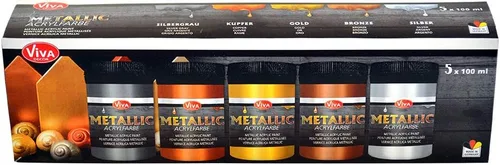 Vista 2 de Viva Decor Juego de pinturas acrílicas metálicas, plateado, gris plateado, dorado, bronce, cobre (5 x 3.4 fl oz), efecto metálico glamoroso, también