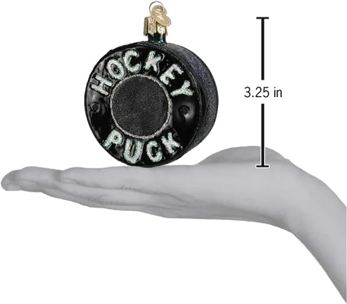 Vista 4 de Old World Christmas - Adorno de disco de hockey de vidrio soplado para árbol de Navidad, decoración festiva artesanal, colección deportiva