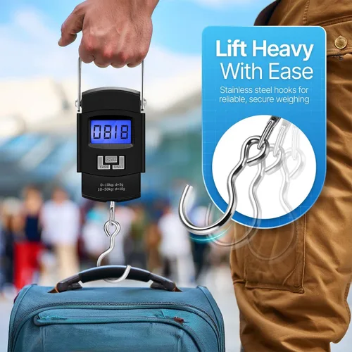 Vista 3 de Flexzion Báscula digital para colgar – Báscula portátil de equipaje de 110 lb/50 kg y báscula de pescado con retroiluminación electrónica LCD