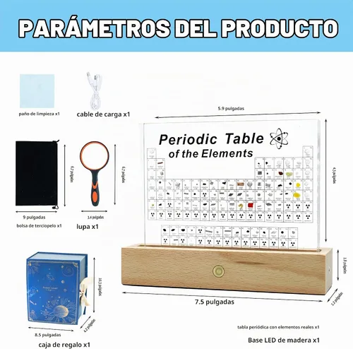 Vista 6 de BEWITU Tabla periódica con elementos reales en el interior, tabla periódica acrílica 3D de elementos con soporte de madera LED inalámbrico, regalos