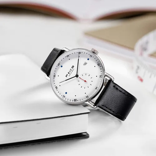 Vista 4 de FEICE Reloj automático unisex clásico Bauhaus reloj mecánico curvo espejo resistente al agua, con correas de cuero -FM506
