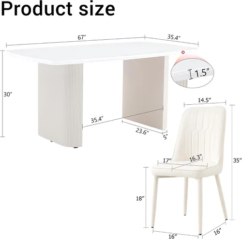 Vista 3 de Juego de mesa de comedor blanca para 4, juego de mesa de comedor de mármol de 67 pulgadas con mesa ovalada blanca crema de 3.5 pulgadas de grosor