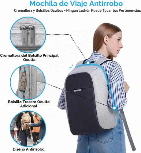 Vista 2 de Mochila de viaje antirrobo portátil, mochila para laptop con puerto de carga USB., Negro