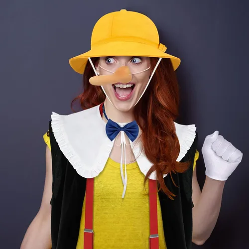 Vista 5 de Liitrsh Juego de 8 piezas de disfraz de marioneta para adulto con chaleco negro, cuello blanco, sombrero amarillo, lazo azul, tirantes rojos