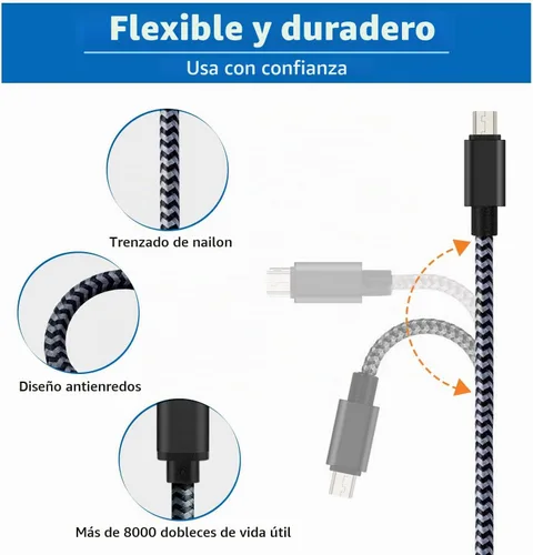 Vista 4 de Cable de carga para Android, cable micro USB [2 unidades/6 pies] con 2 unidades de doble puerto USB cargador de pared de carga rápida compatible