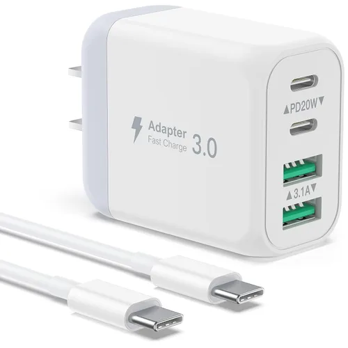 Vista 8 de Bloque de cargador USB, 40 W, 4 puertos, doble QC+PD3.0, bloque de carga rápida, adaptador de corriente USB C, enchufe de pared para iPhone