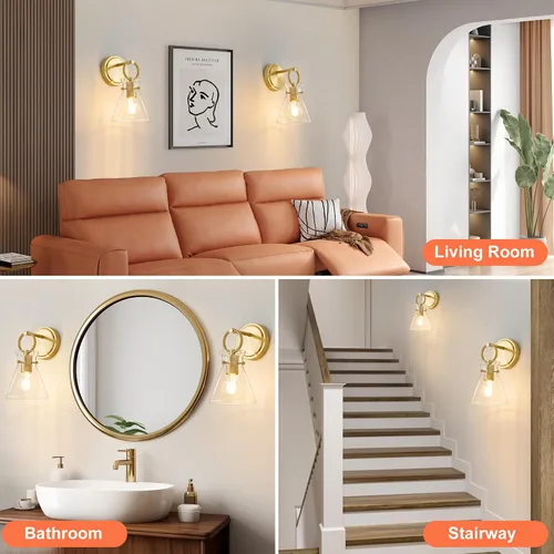 Vista 8 de Aplique de Pared Dorado de 1 Luz Cableado Montaje en Pared Estilo Moderno Rústico Accesorios de Luz de Tocador con Pantalla de Vidrio Transparente