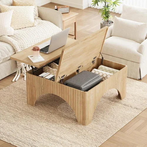 Vista 12 de Mesa de Centro Acanalada, 39'' Mesas de Centro Estilo Granja para Sala de Estar, Mesa Central de Acento de Madera Baja Mesa de Té Pequeña con Base
