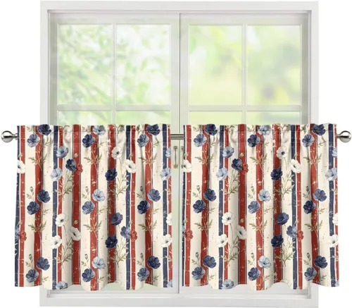 Vista 17 de God Bssing You Tier Curtains for July 4Th 2026 27.5x24 2 Panels Light Filtering Half Window Rod Pocket for Kitchen/Bathroom