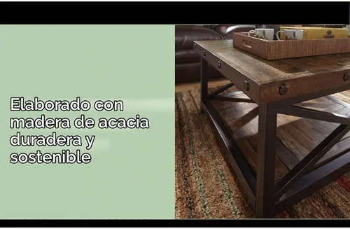 Vista 9 de Flexsteel Mesa de centro industrial rústica, mesa cuadrada de madera de acacia maciza con estante de almacenamiento, muebles de sala de estar