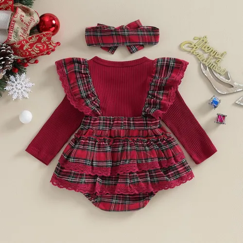 Vista 3 de Mubineo Conjunto de mameluco de Navidad para bebé niña con volantes para otoño e invierno