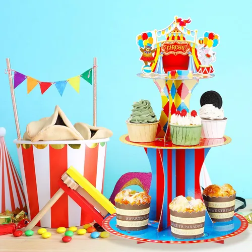 Vista 7 de Zopeal Soporte de 3 niveles para cupcakes con temática de circo para decoraciones de fiesta de cumpleaños, carnaval, mesa de postre, soporte