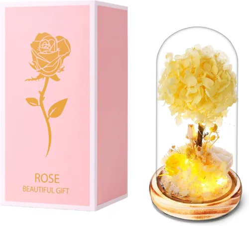 Vista 10 de Domo de Vidrio con Girasoles y Rosas Preservadas y Luces LED, Base de Madera, para el Día de San Valentín, Día de la Madre, Cumpleaños, Navidad