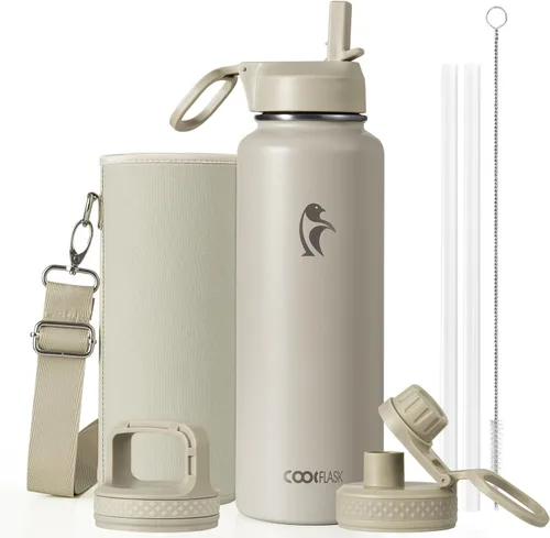 Vista 52 de Coolflask Botella de agua de 20 onzas aislada con pajilla, 3 tapas de metal de acero inoxidable, botella de agua de boca ancha para deportes u