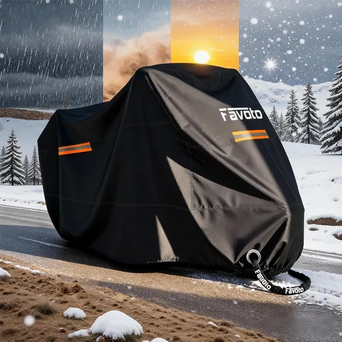 Vista 7 de Favoto - Funda impermeable para motocicleta, universal, duradera, reflectante, protección solar para cualquier temporada, con orificios de seguridad
