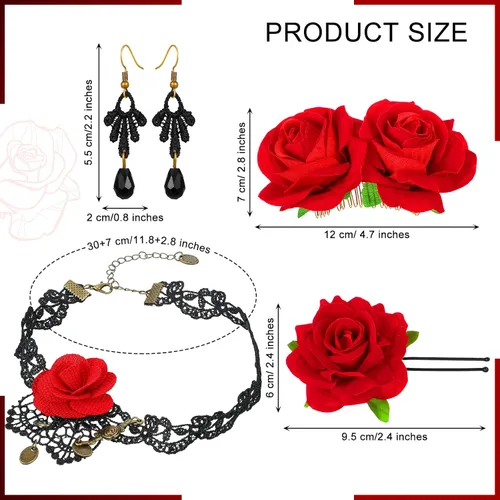 Vista 7 de 5 accesorios de flamenco de flores de rosas de Halloween que incluyen ventilador plegable de tela de lentejuelas bordadas pinza de cabello de flores