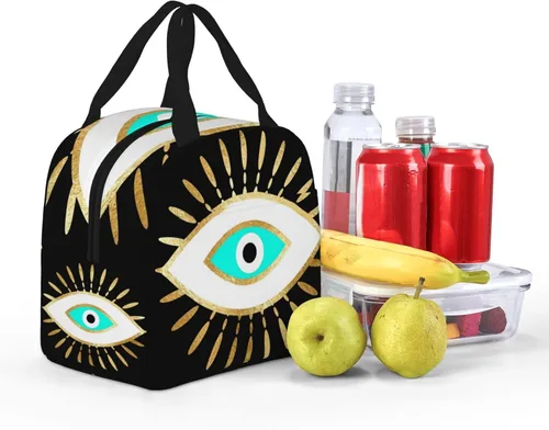 Vista 8 de Hamsa - Bolsa de almuerzo aislada con estampado de ojo malvado de ojo dorado para mujeres y hombres, reutilizable, duradera, impermeable, bolsa