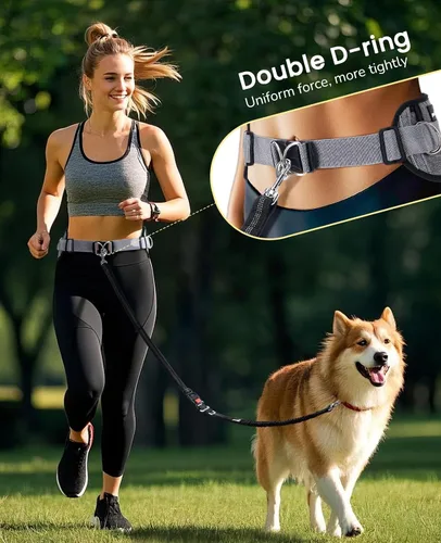 Vista 6 de Pecute Correa para perro manos libres con bolsa, riñonera con almohadillas suaves, asas acolchadas dobles y elástico absorbente de golpes