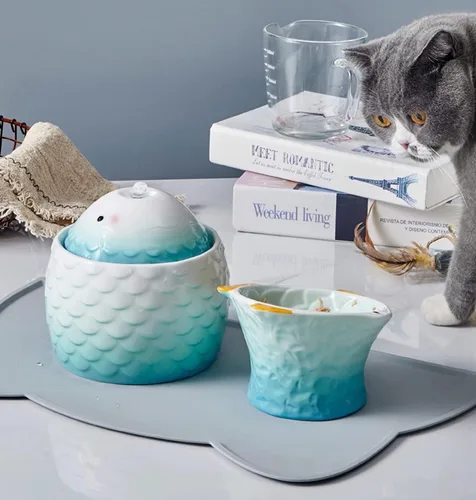 Vista 3 de Fuente de agua automática de cerámica para gatos, cascada, lindo dispensador silencioso de porcelana para gatos de interior, fácil de limpiar, 1 Azul