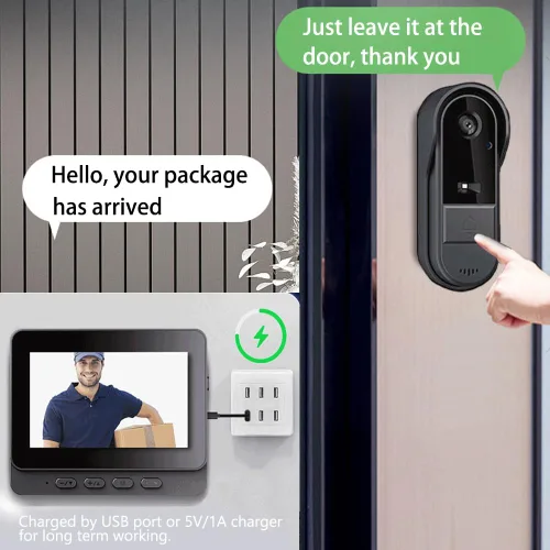 Vista 2 de TKMARS Timbre de puerta inalámbrico con video, con video HD 1080P, audio bidireccional, ángulo de 170°, pantalla de 4.3 pulgadas, IPX65 impermeable