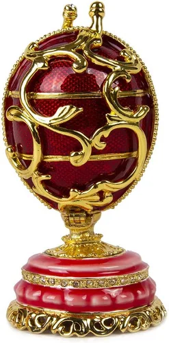 Vista 2 de Caja de regalo de joyería para collar, huevo de Faberge, adorno doble, caja de joyería de huevo imperial rojo (mediana), 3.35 x 2.2 pulgadas
