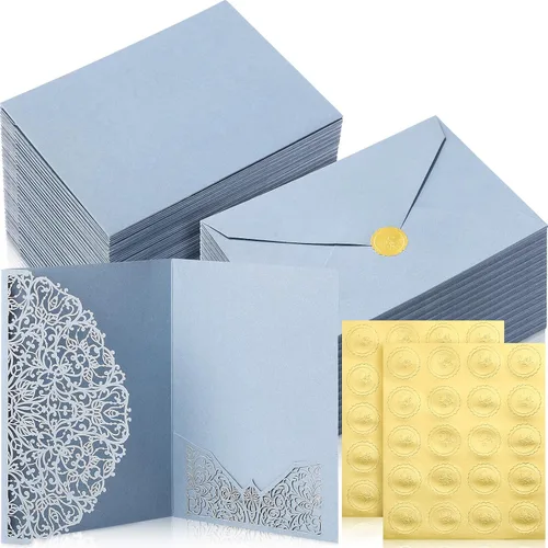 Vista 9 de PerKoop Juego de 100 invitaciones de boda cortadas con láser de 5 x 7 pulgadas con sobres y calcomanías de sello de cera, kit de tarjetas
