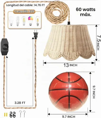 Vista 4 de Lámpara colgante enchufable con bordes ondulados, luces colgantes de ratán con cable enchufable de 15 pies de cuerda de cáñamo, interruptor