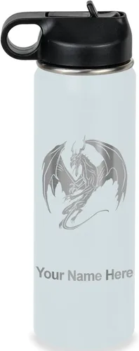 Vista 40 de LaserGram Botella de agua con tapa abatible de doble pared de 12 onzas con pajilla, dragón, grabado personalizado incluido (negro)