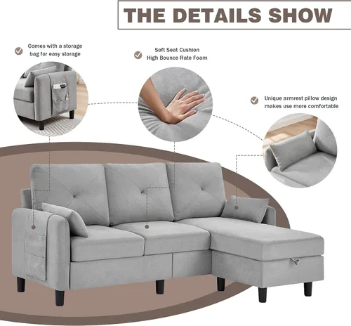Vista 3 de Sofá modular convertible, sofá pequeño de 3 plazas en forma de L de 77 pulgadas con diván de almacenamiento reversible, sofá moderno de tela