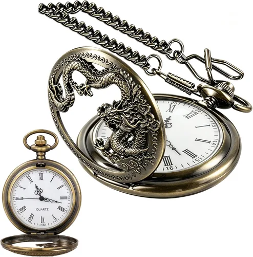 Vista 10 de Dragon Quartz Pocket Watches for Men Roman Numerals Pocket Watch with Chain Cus-CF18-plata