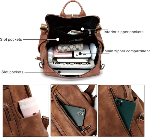 Vista 72 de OPAGE - Mochila de cuero para mujer, con borla de moda, bolso de hombro, mochila grande, bolsa de viaje, gris, L